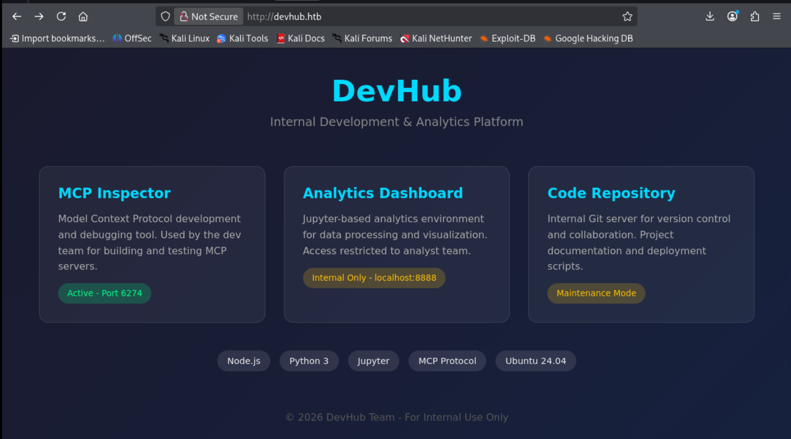 DevHub landing page on port 80